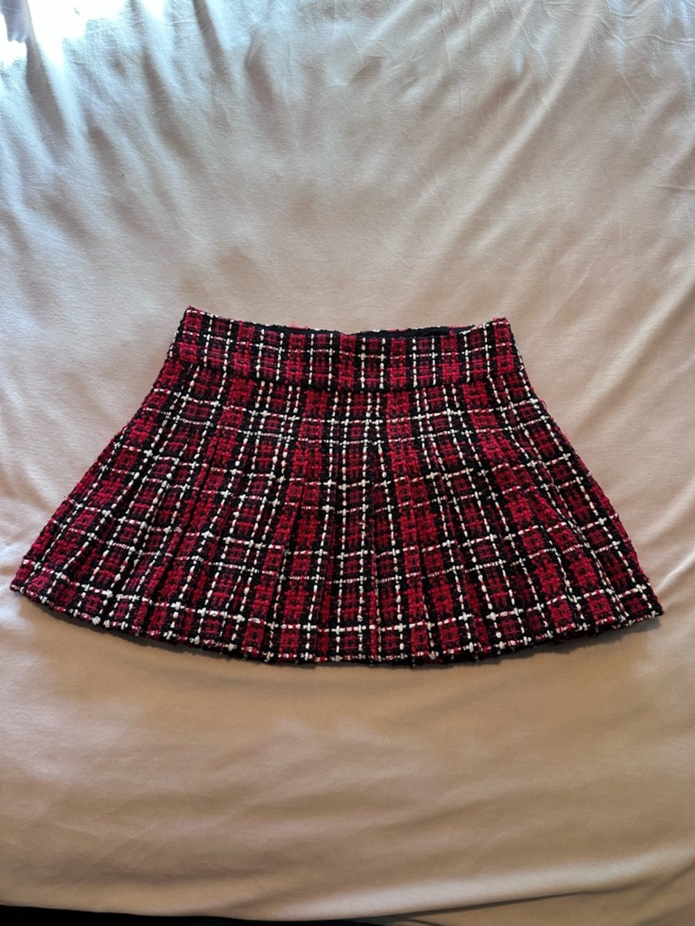 Alice + Olivia Red Plaid Tweed Skater Mini Skirt